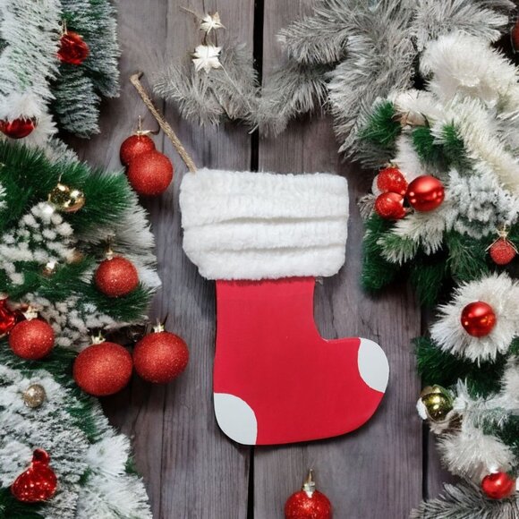 Wooden Christmas Stocking Ornament With Faux Fur Trim - Picture 1 of 2